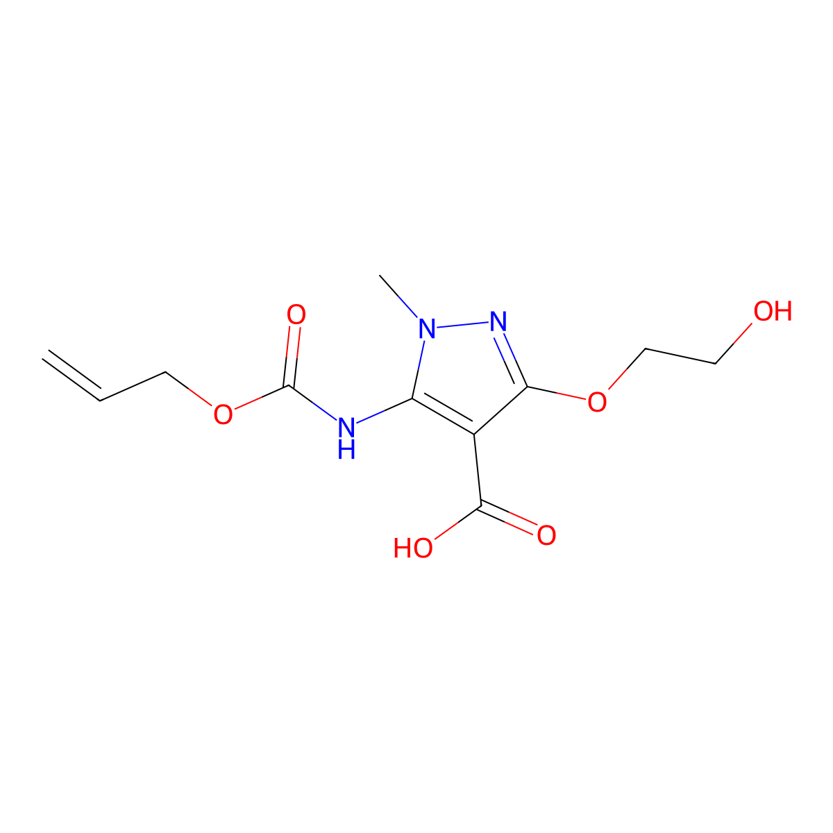3-(2-hydroxyethoxy)-1-methyl-5-{[(prop-2-en-1-yloxy)carbonyl]amino}-1H-pyrazole-4-carboxylic acid molecular structure, CAS 2680871-78-5