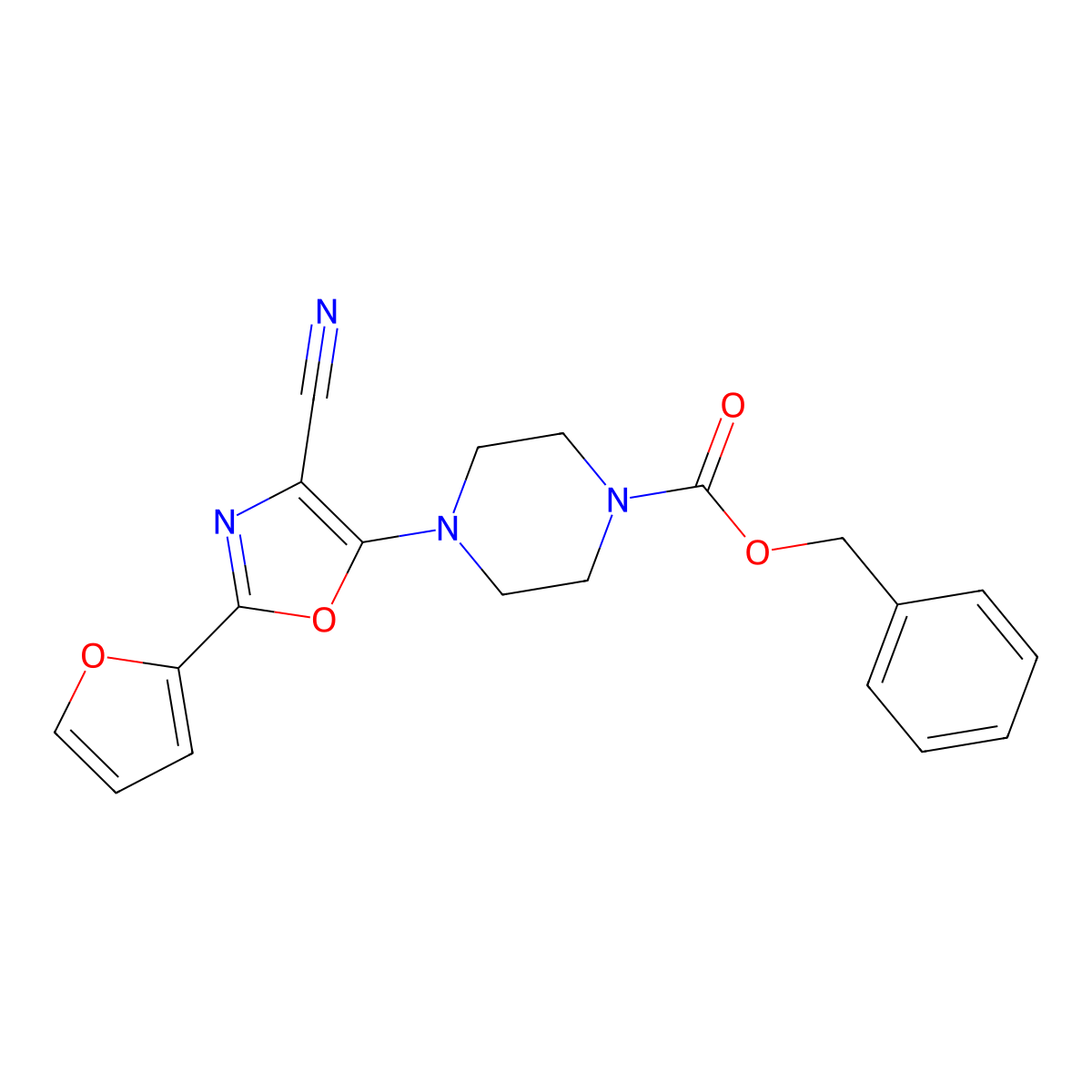 Benzyl 4-[4-cyano-2-(furan-2-yl)-1,3-oxazol-5-yl]piperazine-1-carboxylate molecular structure, CAS 2680873-01-0