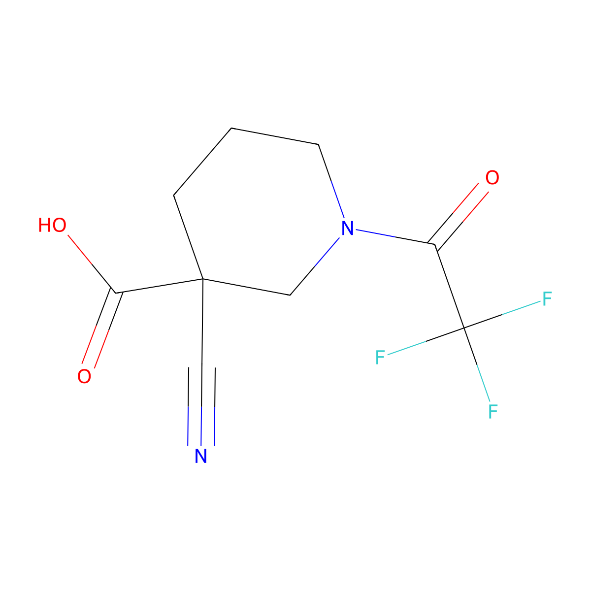 3-Cyano-1-(2,2,2-trifluoroacetyl)piperidine-3-carboxylic acid molecular structure, CAS 2680873-73-6
