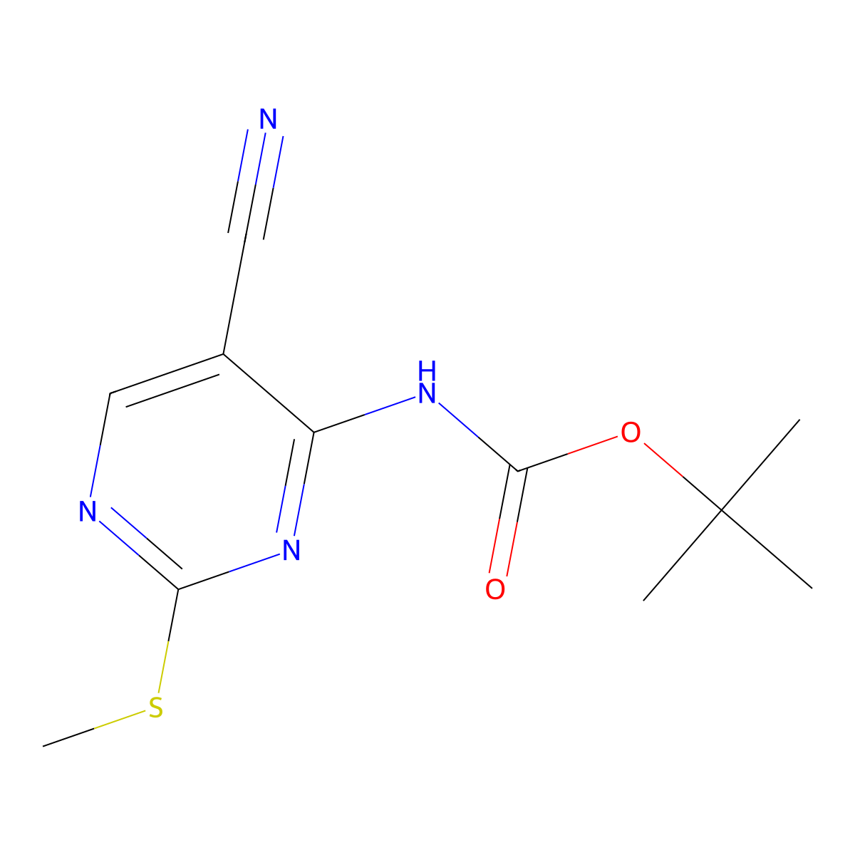 tert-butyl N-[5-cyano-2-(methylsulfanyl)pyrimidin-4-yl]carbamate molecular structure, CAS 2680873-85-0