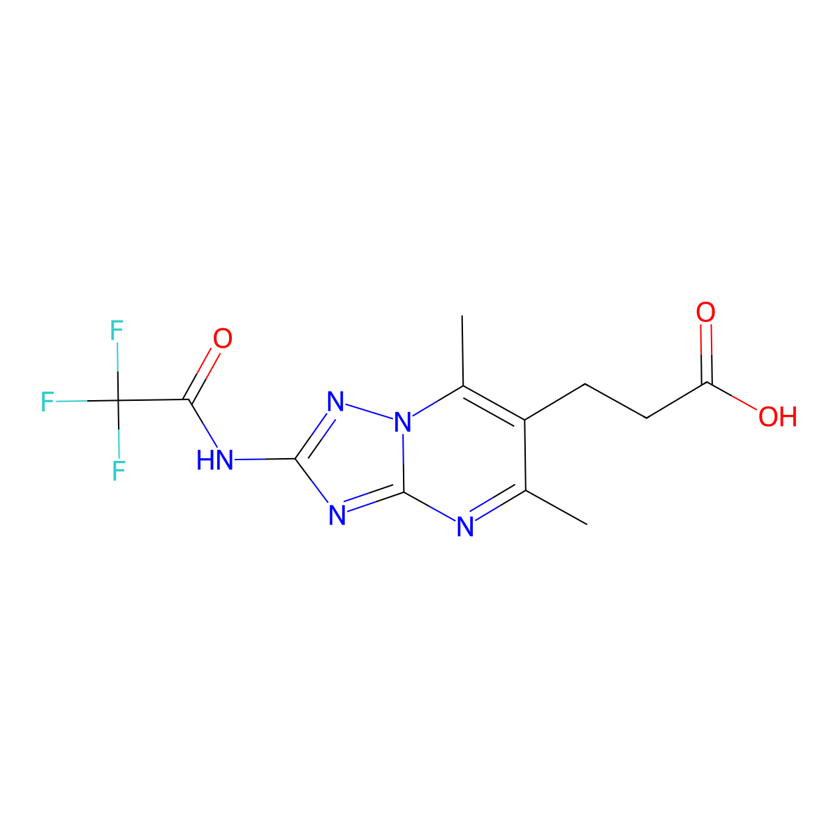3-[5,7-Dimethyl-2-(2,2,2-trifluoroacetamido)-[1,2,4]triazolo[1,5-a]pyrimidin-6-yl]propanoic acid molecular structure, CAS 2680874-18-2