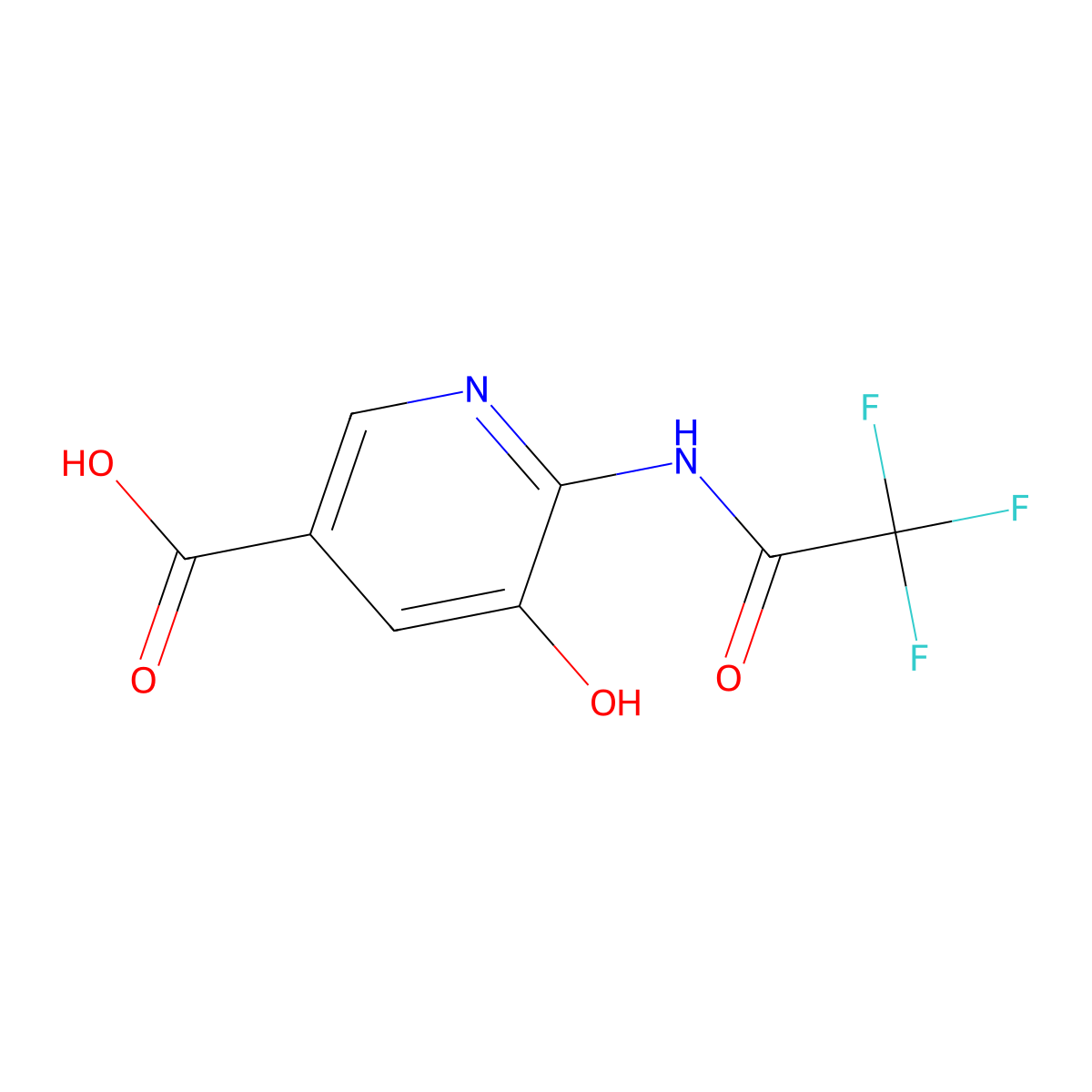 5-Hydroxy-6-(2,2,2-trifluoroacetamido)pyridine-3-carboxylic acid molecular structure, CAS 2680875-16-3