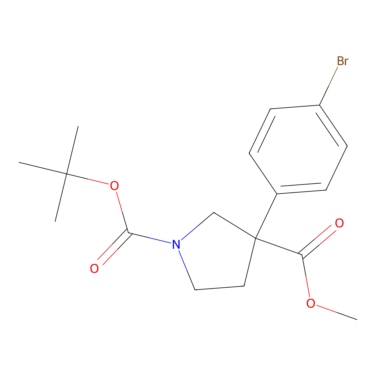 1-Tert-butyl 3-methyl 3-(4-bromophenyl)pyrrolidine-1,3-dicarboxylate molecular structure, CAS 2680875-56-1