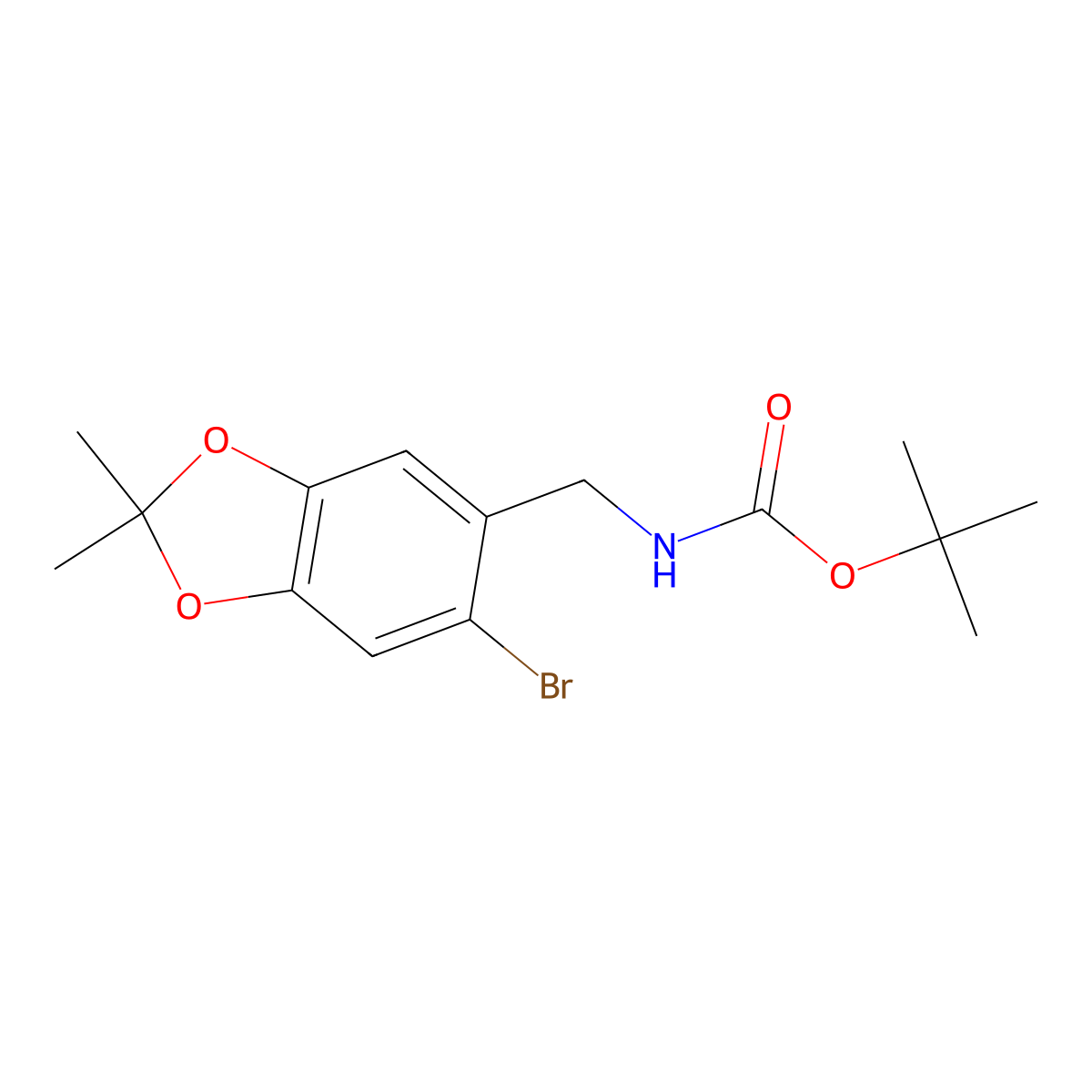 tert-butyl N-[(6-bromo-2,2-dimethyl-1,3-dioxaindan-5-yl)methyl]carbamate molecular structure, CAS 2680876-45-1