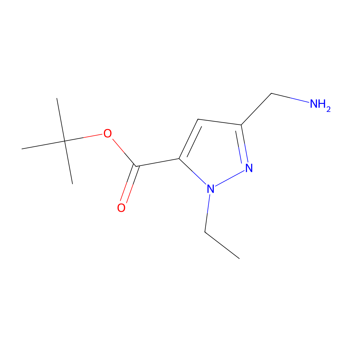 tert-butyl 3-(aminomethyl)-1-ethyl-1H-pyrazole-5-carboxylate molecular structure, CAS 2680878-17-3