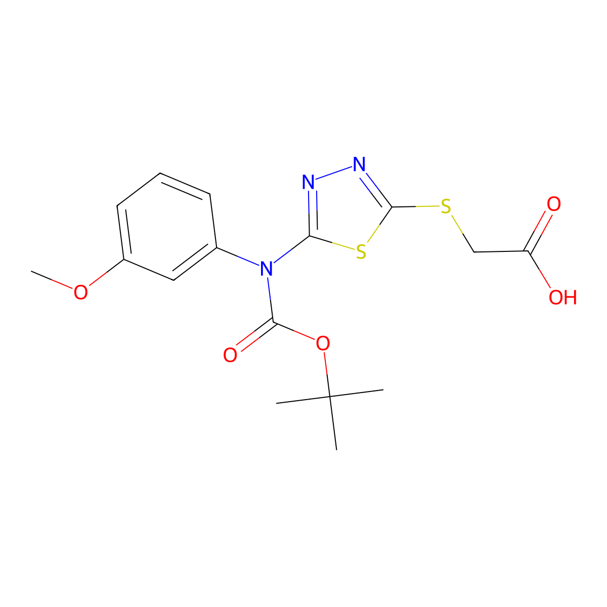 2-[(5-{[(Tert-butoxy)carbonyl](3-methoxyphenyl)amino}-1,3,4-thiadiazol-2-yl)sulfanyl]acetic acid molecular structure, CAS 2680878-56-0