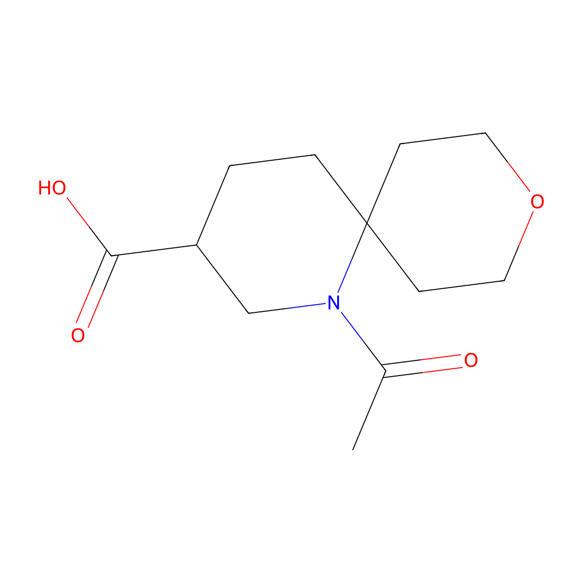 1-Acetyl-9-oxa-1-azaspiro[5.5]undecane-3-carboxylic acid molecular structure, CAS 2680878-93-5