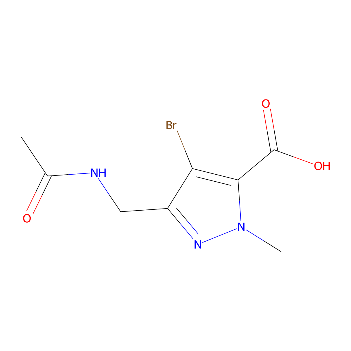 4-bromo-3-(acetamidomethyl)-1-methyl-1H-pyrazole-5-carboxylic acid molecular structure, CAS 2680879-16-5
