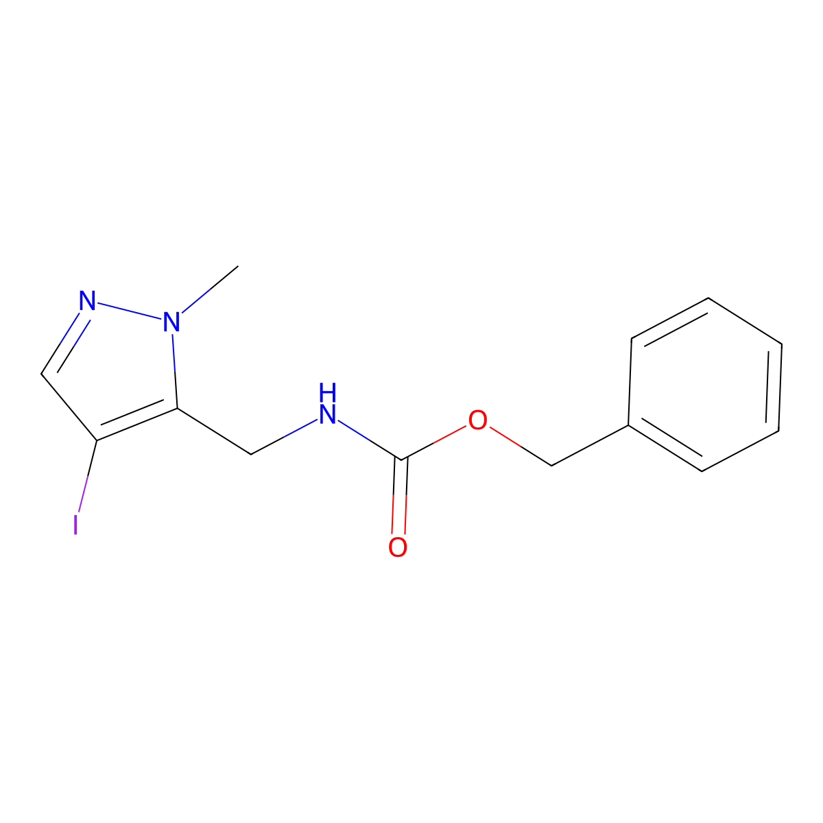 benzyl N-[(4-iodo-1-methyl-1H-pyrazol-5-yl)methyl]carbamate molecular structure, CAS 2680879-57-4
