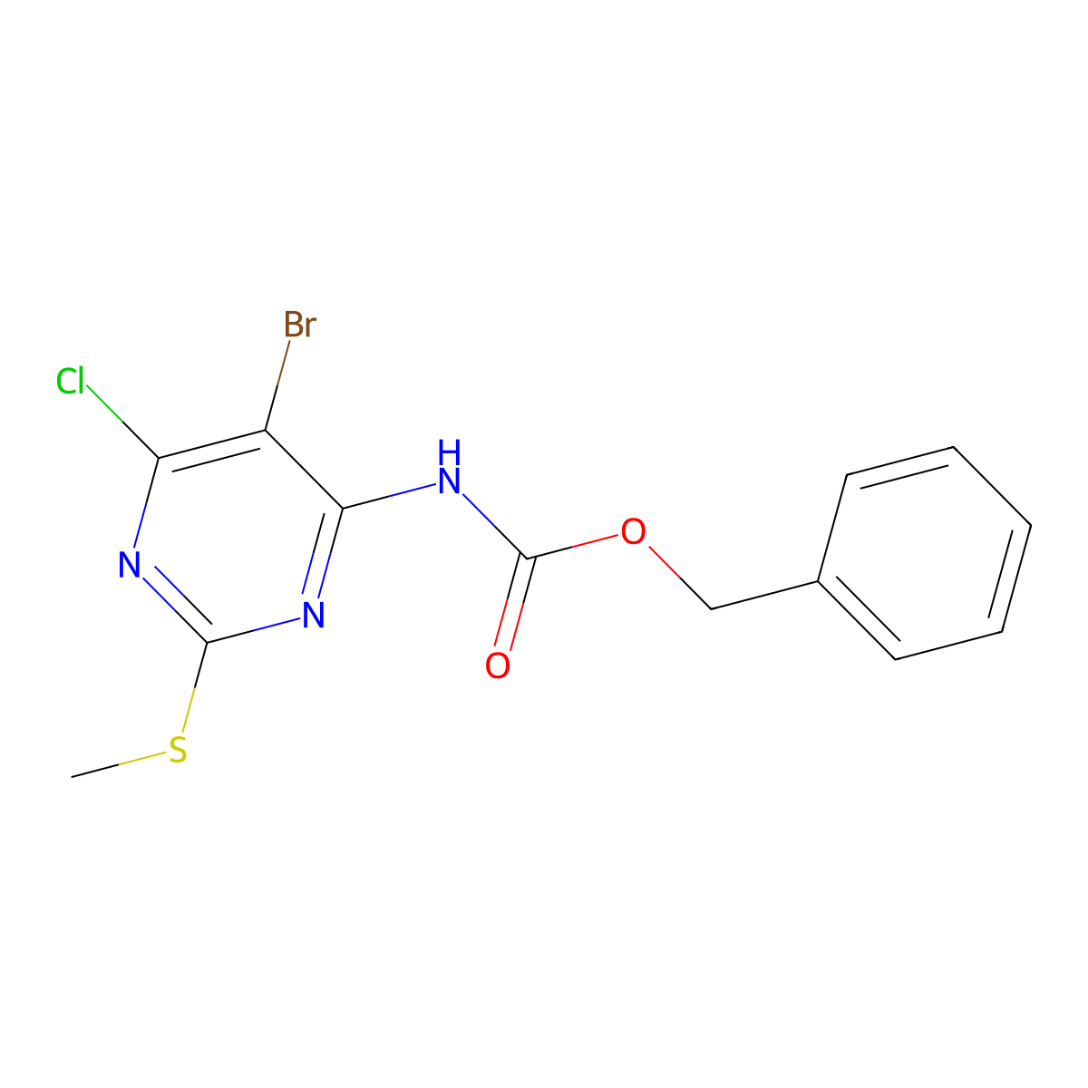 benzyl N-[5-bromo-6-chloro-2-(methylsulfanyl)pyrimidin-4-yl]carbamate molecular structure, CAS 2680879-97-2