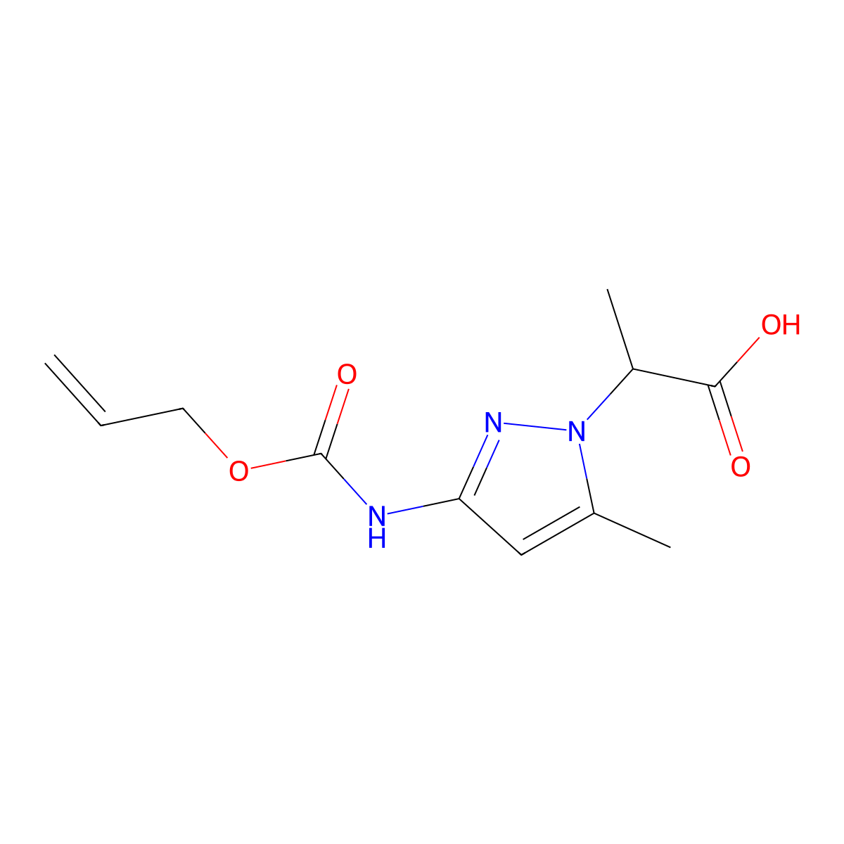 2-(5-methyl-3-{[(prop-2-en-1-yloxy)carbonyl]amino}-1H-pyrazol-1-yl)propanoic acid molecular structure, CAS 2680880-20-8