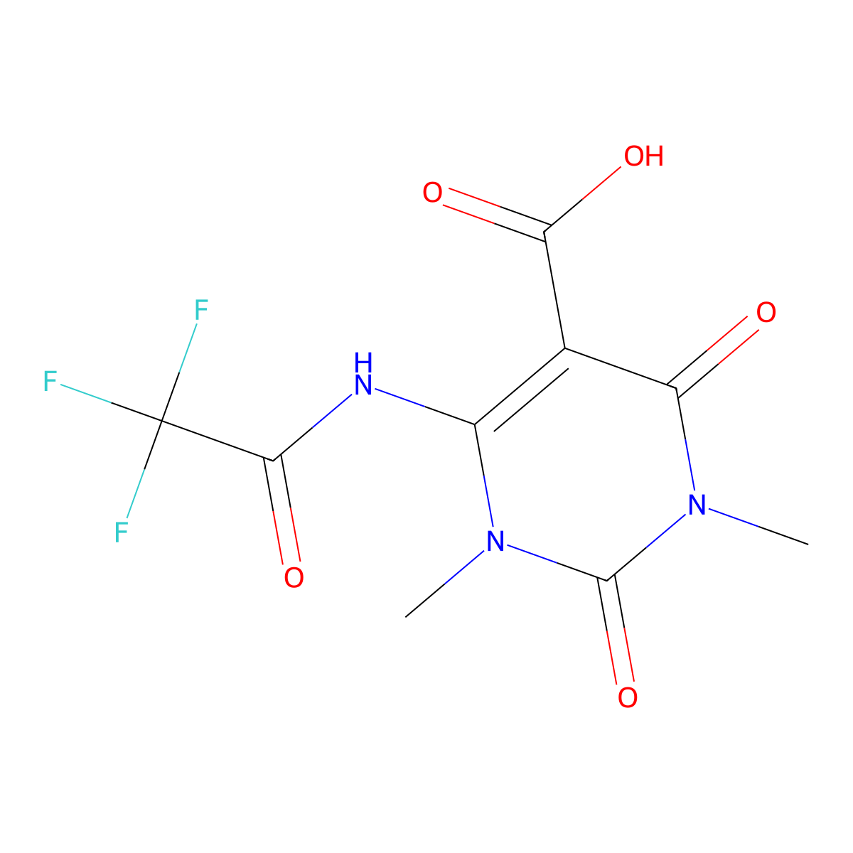 1,3-Dimethyl-2,4-dioxo-6-(2,2,2-trifluoroacetamido)-1,2,3,4-tetrahydropyrimidine-5-carboxylic acid molecular structure, CAS 2680880-23-1