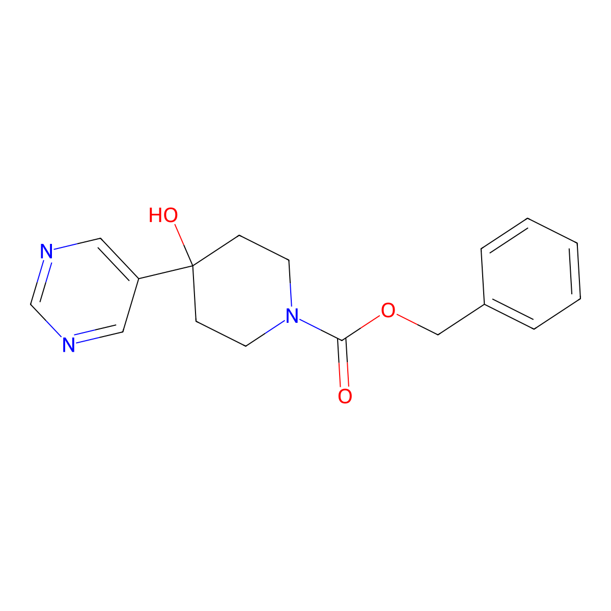 Benzyl 4-hydroxy-4-(pyrimidin-5-yl)piperidine-1-carboxylate molecular structure, CAS 2680880-42-4