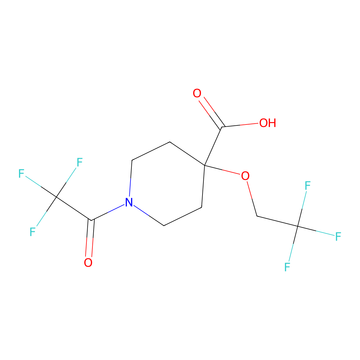 1-(2,2,2-Trifluoroacetyl)-4-(2,2,2-trifluoroethoxy)piperidine-4-carboxylic acid molecular structure, CAS 2680881-18-7