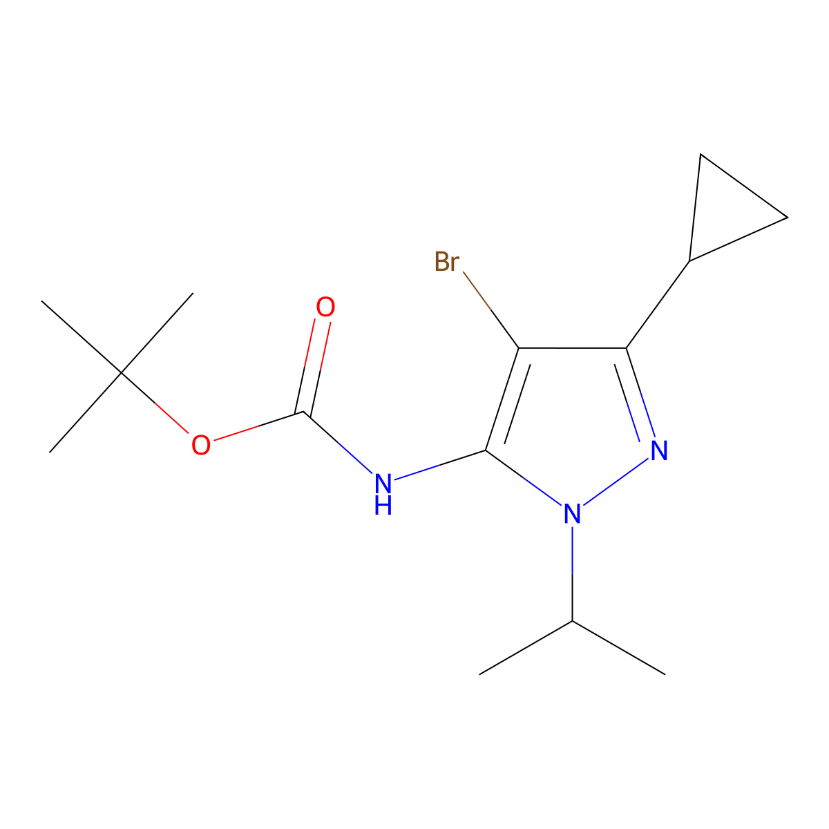 tert-butyl N-[4-bromo-3-cyclopropyl-1-(propan-2-yl)-1H-pyrazol-5-yl]carbamate molecular structure, CAS 2680881-37-0