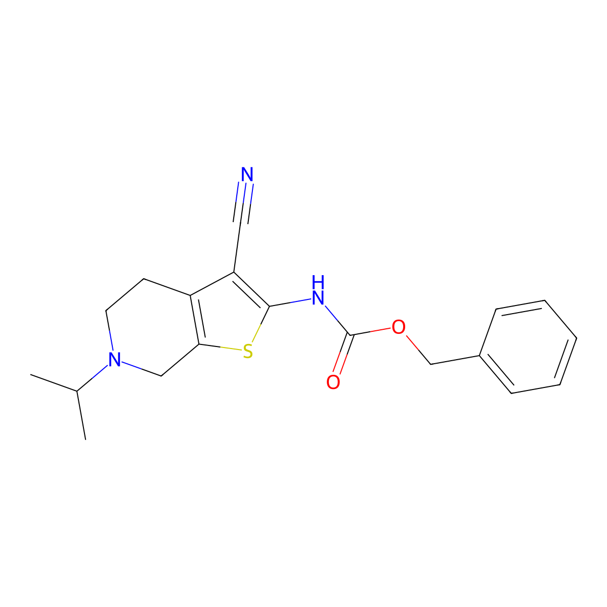 benzyl N-[3-cyano-6-(propan-2-yl)-4H,5H,6H,7H-thieno[2,3-c]pyridin-2-yl]carbamate molecular structure, CAS 2680881-56-3