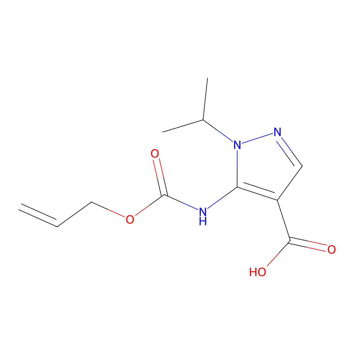5-{[(prop-2-en-1-yloxy)carbonyl]amino}-1-(propan-2-yl)-1H-pyrazole-4-carboxylic acid molecular structure, CAS 2680881-80-3