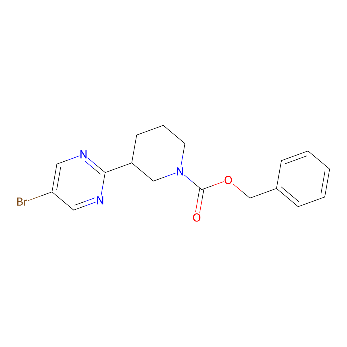 Benzyl 3-(5-bromopyrimidin-2-yl)piperidine-1-carboxylate molecular structure, CAS 2680881-90-5
