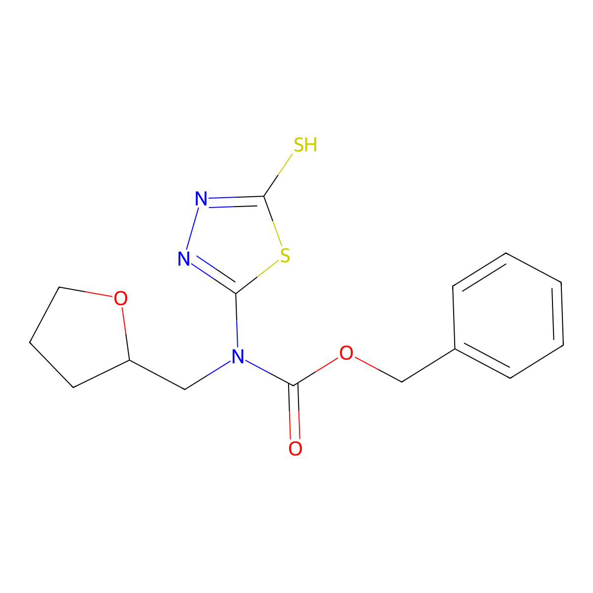benzyl N-[(oxolan-2-yl)methyl]-N-(5-sulfanyl-1,3,4-thiadiazol-2-yl)carbamate molecular structure, CAS 2680882-16-8