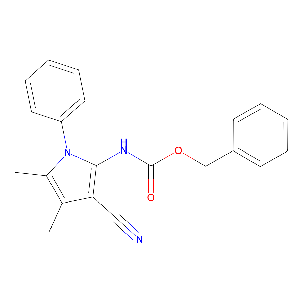 benzyl N-(3-cyano-4,5-dimethyl-1-phenyl-1H-pyrrol-2-yl)carbamate molecular structure, CAS 2680882-56-6