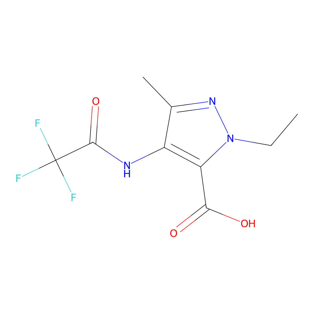 1-ethyl-3-methyl-4-(2,2,2-trifluoroacetamido)-1H-pyrazole-5-carboxylic acid molecular structure, CAS 2680882-65-7
