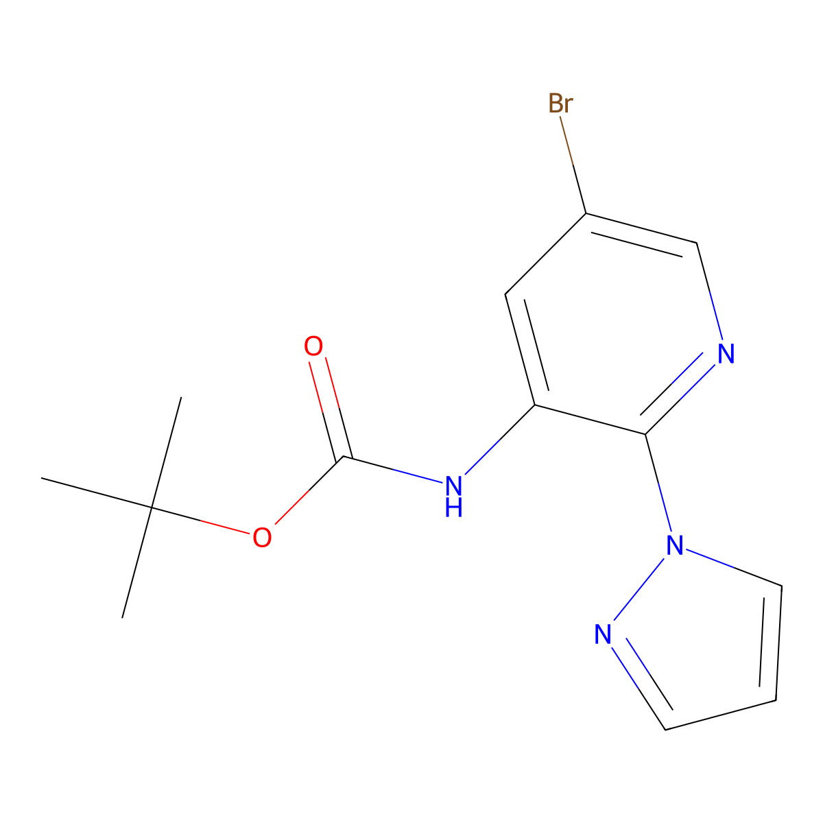 tert-butyl N-[5-bromo-2-(1H-pyrazol-1-yl)pyridin-3-yl]carbamate molecular structure, CAS 2680882-81-7