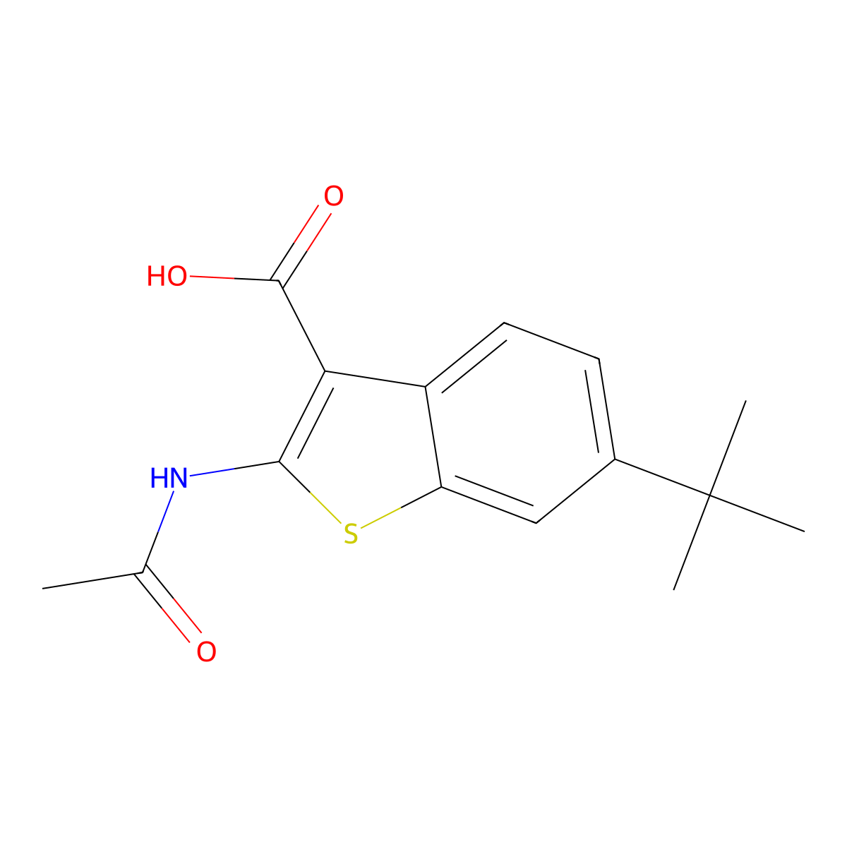 6-Tert-butyl-2-acetamido-1-benzothiophene-3-carboxylic acid molecular structure, CAS 2680883-00-3
