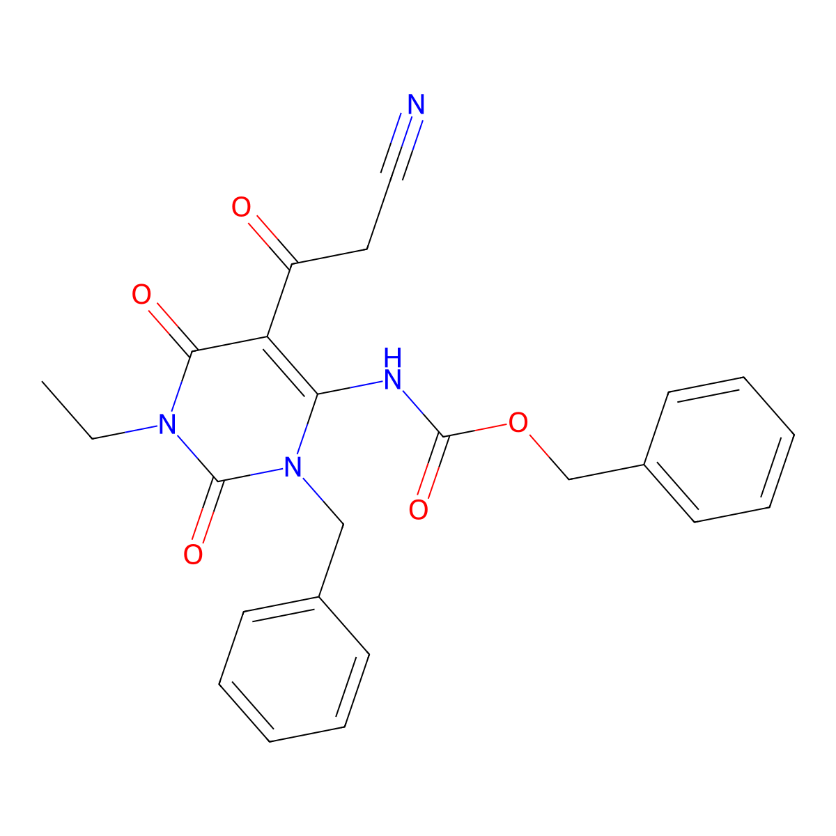 benzyl N-[3-benzyl-5-(2-cyanoacetyl)-1-ethyl-2,6-dioxo-1,2,3,6-tetrahydropyrimidin-4-yl]carbamate molecular structure, CAS 2680883-17-2
