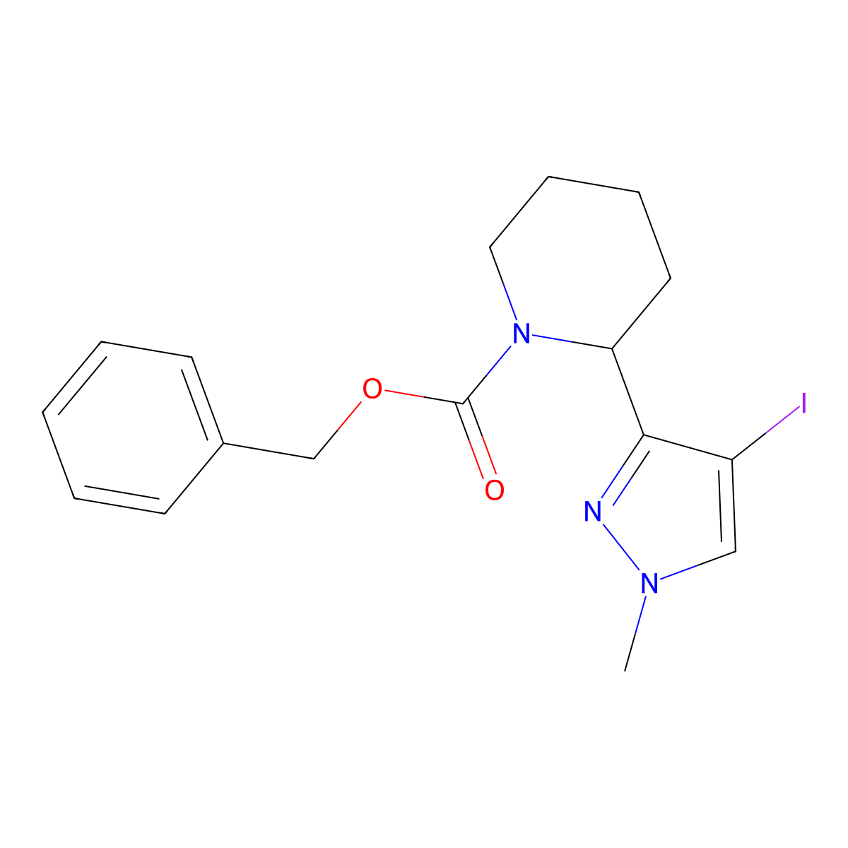 benzyl 2-(4-iodo-1-methyl-1H-pyrazol-3-yl)piperidine-1-carboxylate molecular structure, CAS 2680883-59-2