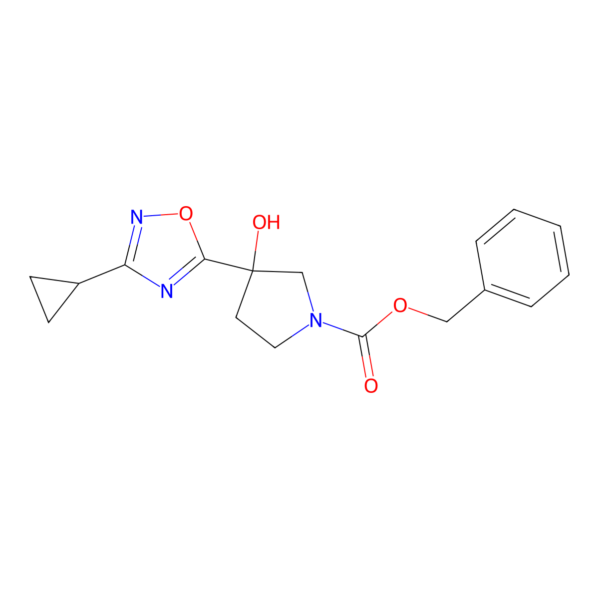 Benzyl 3-(3-cyclopropyl-1,2,4-oxadiazol-5-yl)-3-hydroxypyrrolidine-1-carboxylate molecular structure, CAS 2680884-70-0