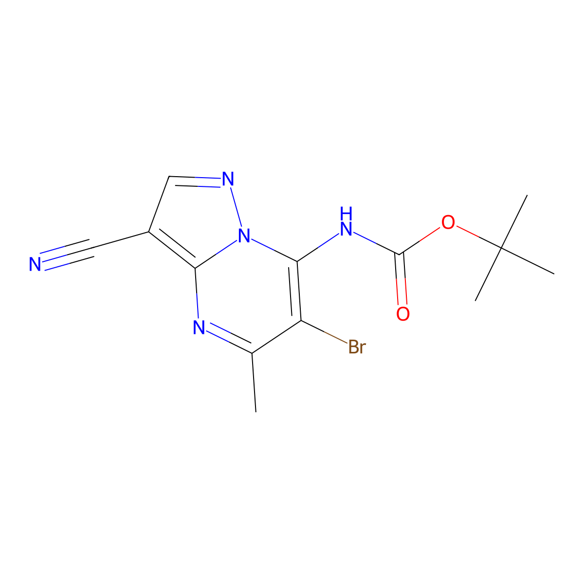 tert-butyl N-{6-bromo-3-cyano-5-methylpyrazolo[1,5-a]pyrimidin-7-yl}carbamate molecular structure, CAS 2680885-23-6
