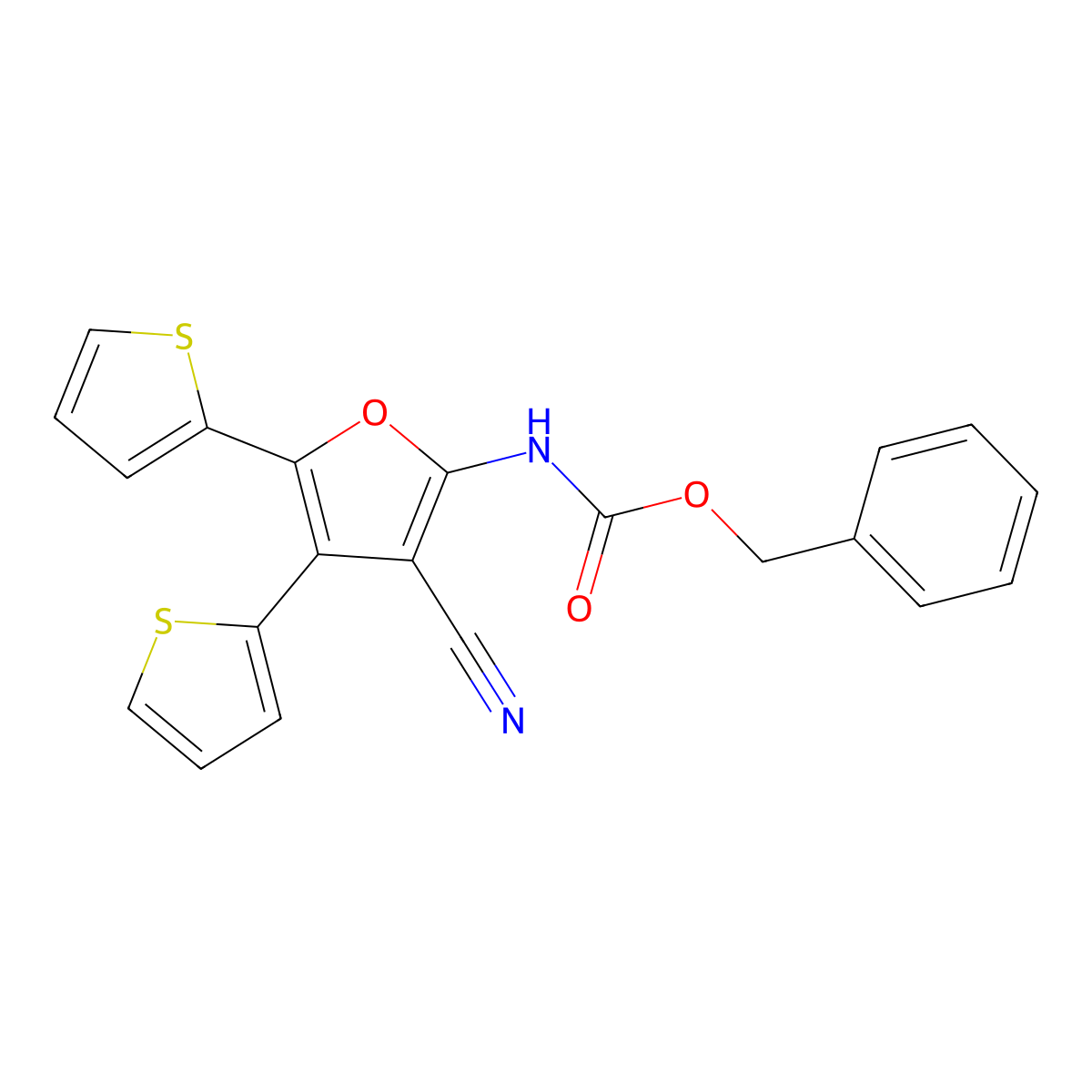 benzyl N-[3-cyano-4,5-bis(thiophen-2-yl)furan-2-yl]carbamate molecular structure, CAS 2680885-30-5
