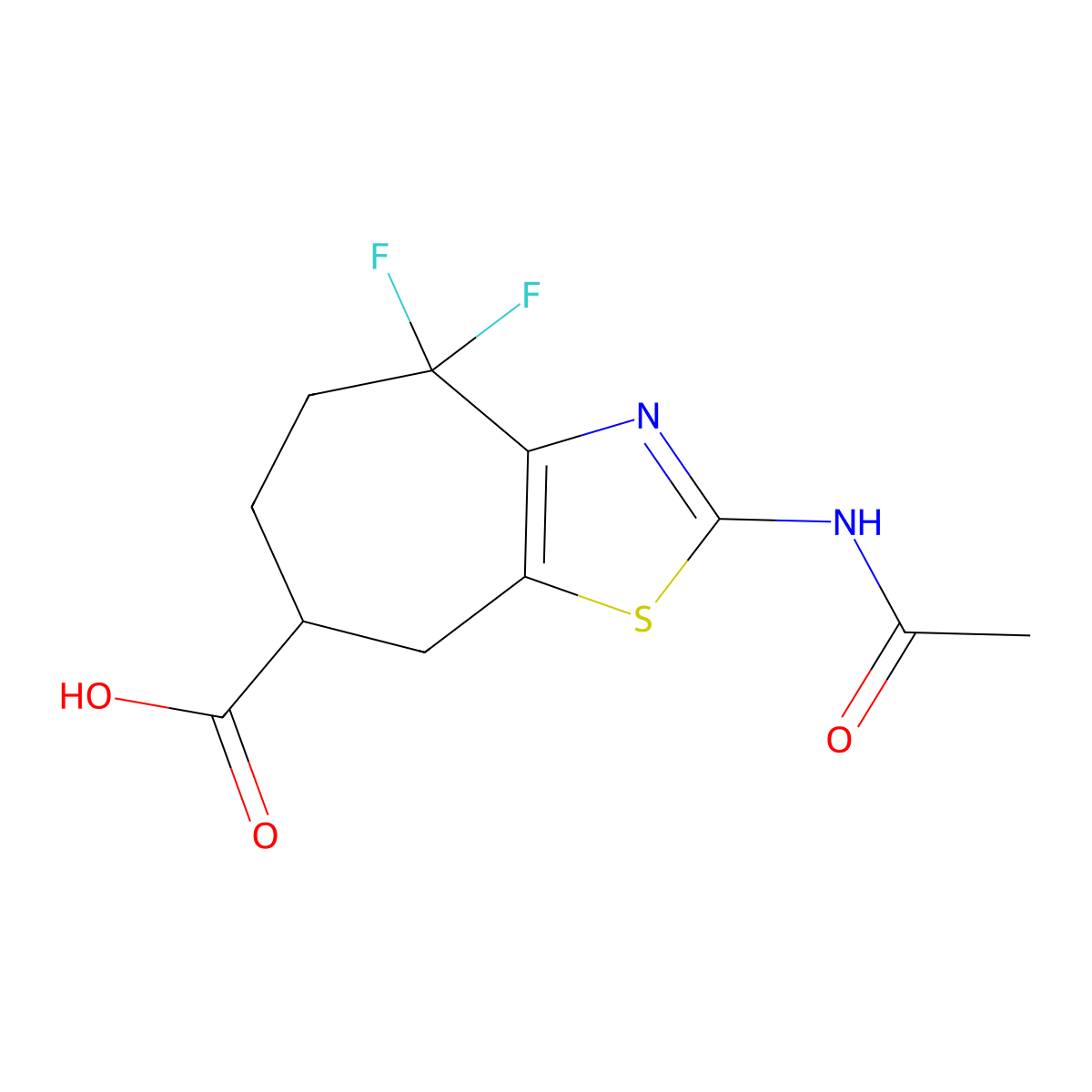 2-acetamido-4,4-difluoro-4H,5H,6H,7H,8H-cyclohepta[d][1,3]thiazole-7-carboxylic acid molecular structure, CAS 2680885-36-1