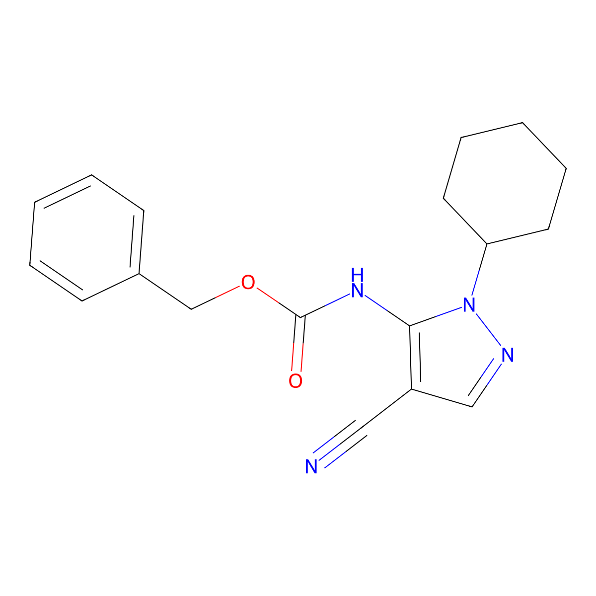benzyl N-(4-cyano-1-cyclohexyl-1H-pyrazol-5-yl)carbamate molecular structure, CAS 2680886-23-9