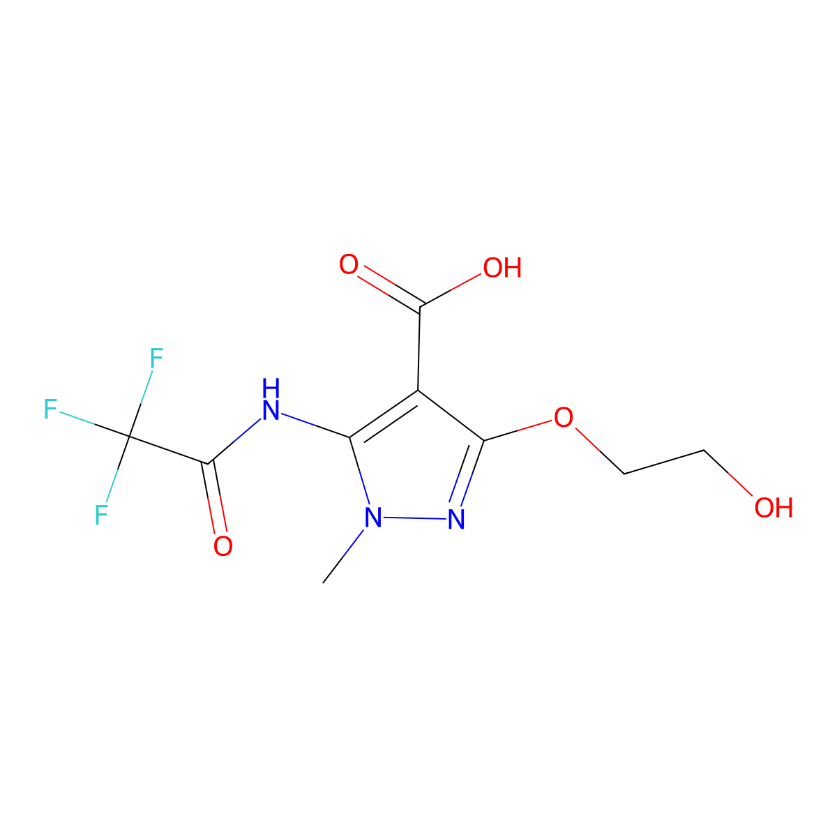 3-(2-hydroxyethoxy)-1-methyl-5-(2,2,2-trifluoroacetamido)-1H-pyrazole-4-carboxylic acid molecular structure, CAS 2680886-29-5
