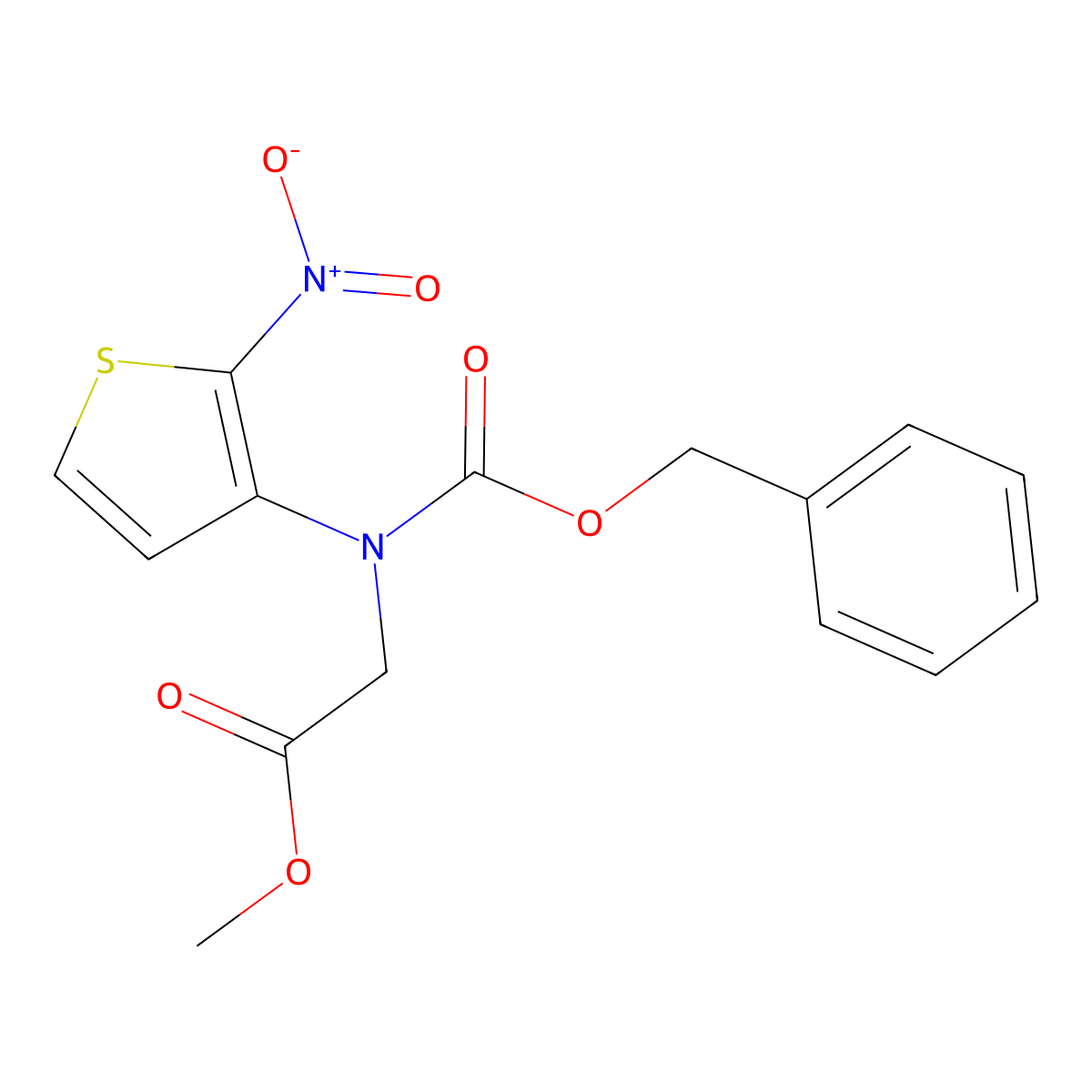 Methyl 2-{[(benzyloxy)carbonyl](2-nitrothiophen-3-yl)amino}acetate molecular structure, CAS 2680886-36-4
