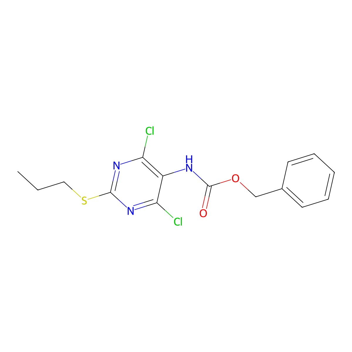 benzyl N-[4,6-dichloro-2-(propylsulfanyl)pyrimidin-5-yl]carbamate molecular structure, CAS 2680886-65-9