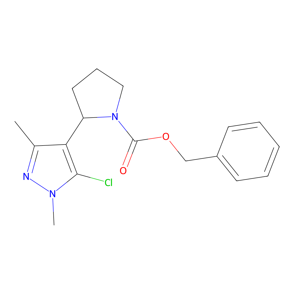 benzyl 2-(5-chloro-1,3-dimethyl-1H-pyrazol-4-yl)pyrrolidine-1-carboxylate molecular structure, CAS 2680887-05-0