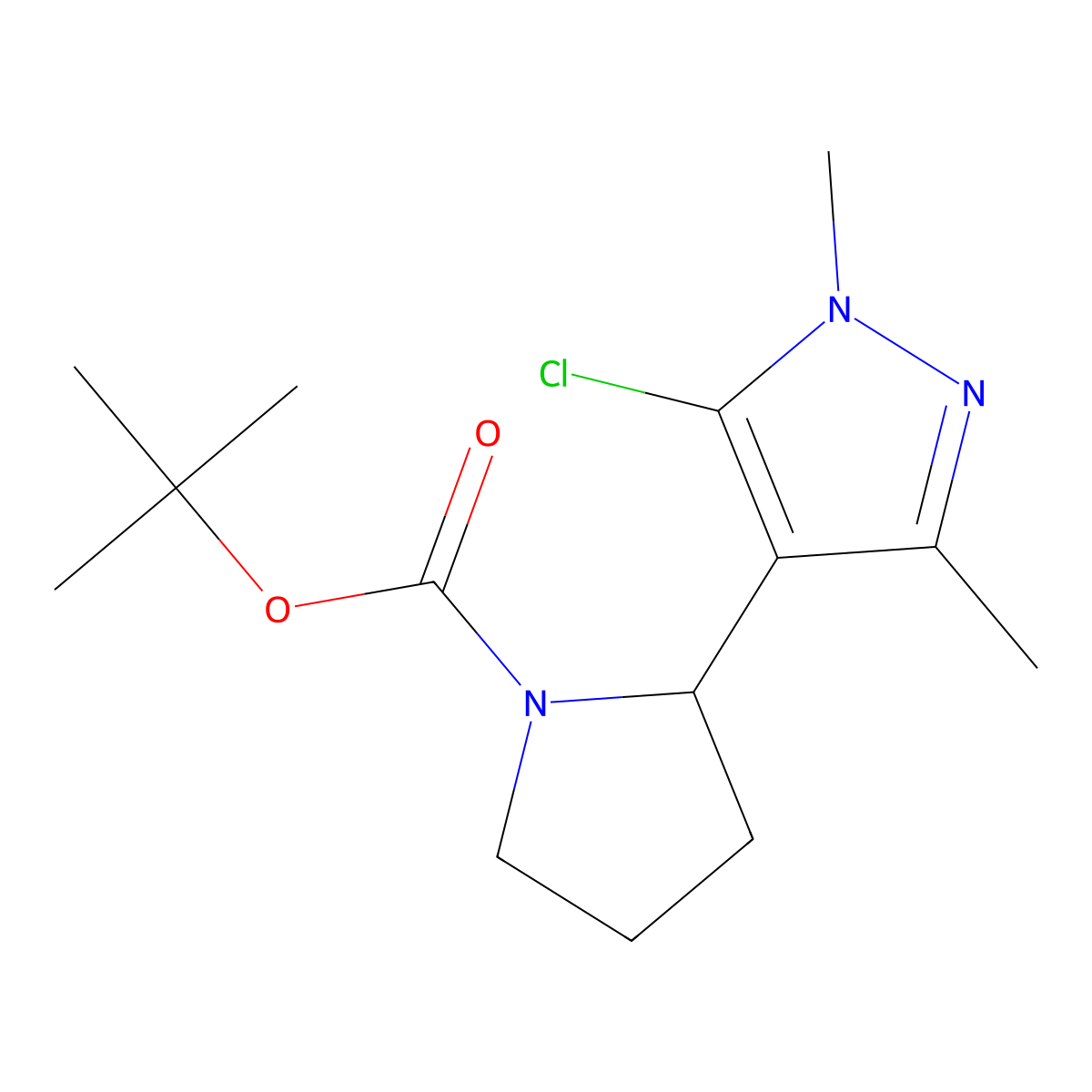 tert-butyl 2-(5-chloro-1,3-dimethyl-1H-pyrazol-4-yl)pyrrolidine-1-carboxylate molecular structure, CAS 2680887-17-4