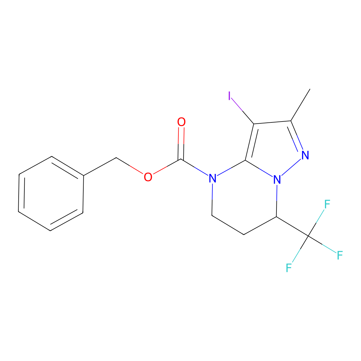 benzyl 3-iodo-2-methyl-7-(trifluoromethyl)-4H,5H,6H,7H-pyrazolo[1,5-a]pyrimidine-4-carboxylate molecular structure, CAS 2680887-53-8