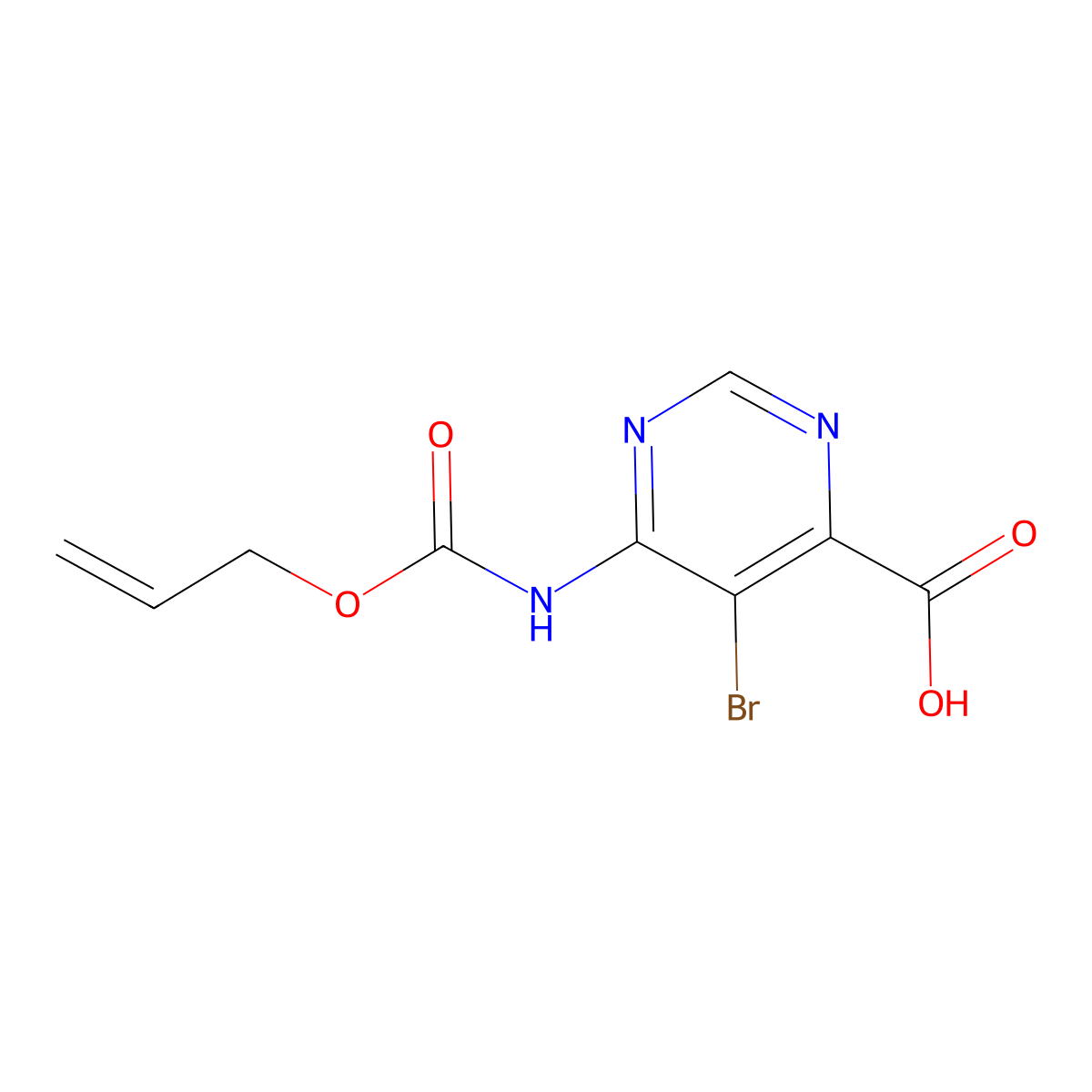 5-Bromo-6-{[(prop-2-en-1-yloxy)carbonyl]amino}pyrimidine-4-carboxylic acid molecular structure, CAS 2680888-03-1