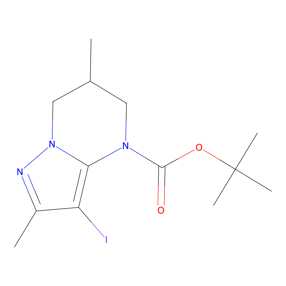 tert-butyl 3-iodo-2,6-dimethyl-4H,5H,6H,7H-pyrazolo[1,5-a]pyrimidine-4-carboxylate molecular structure, CAS 2680888-29-1