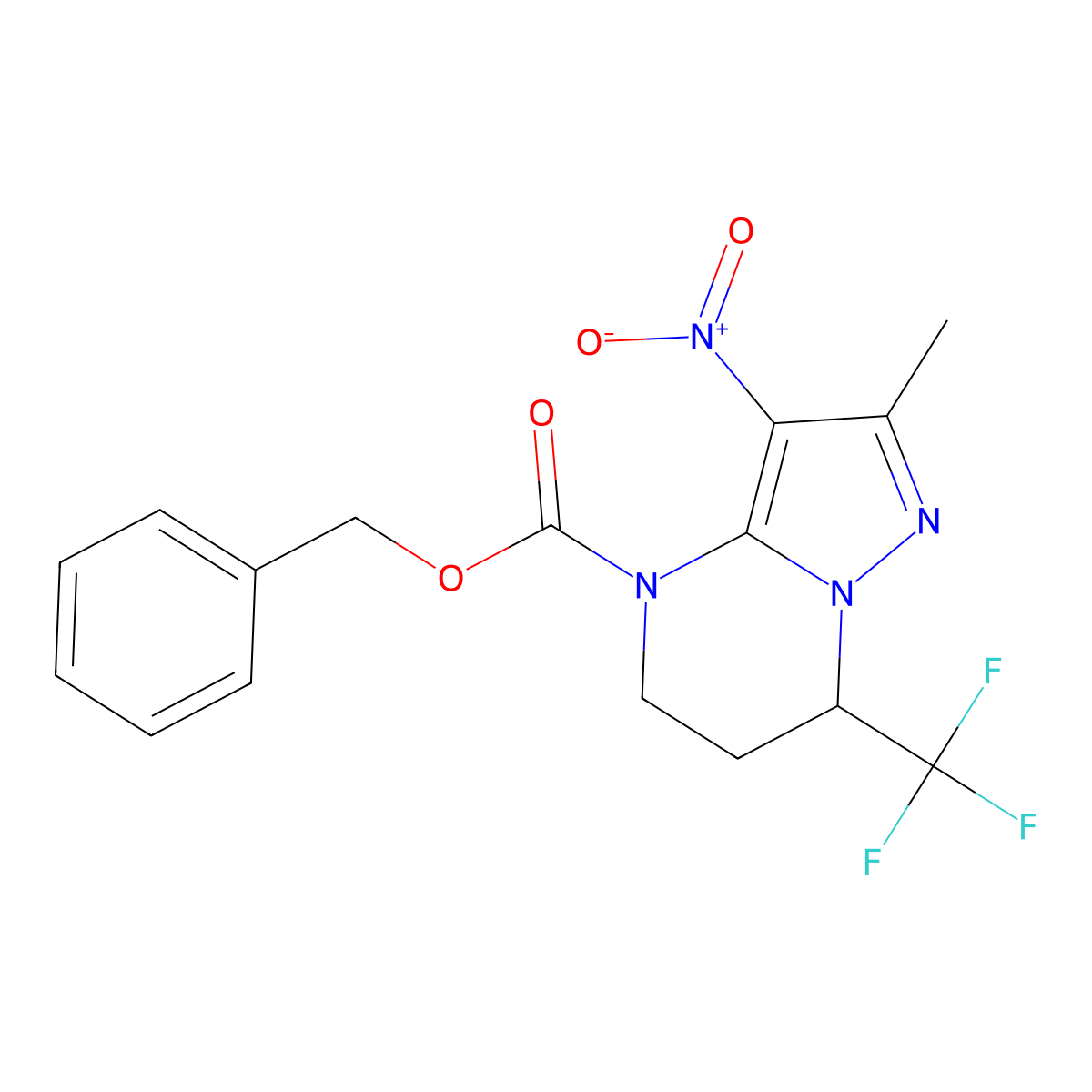 benzyl 2-methyl-3-nitro-7-(trifluoromethyl)-4H,5H,6H,7H-pyrazolo[1,5-a]pyrimidine-4-carboxylate molecular structure, CAS 2680889-27-2