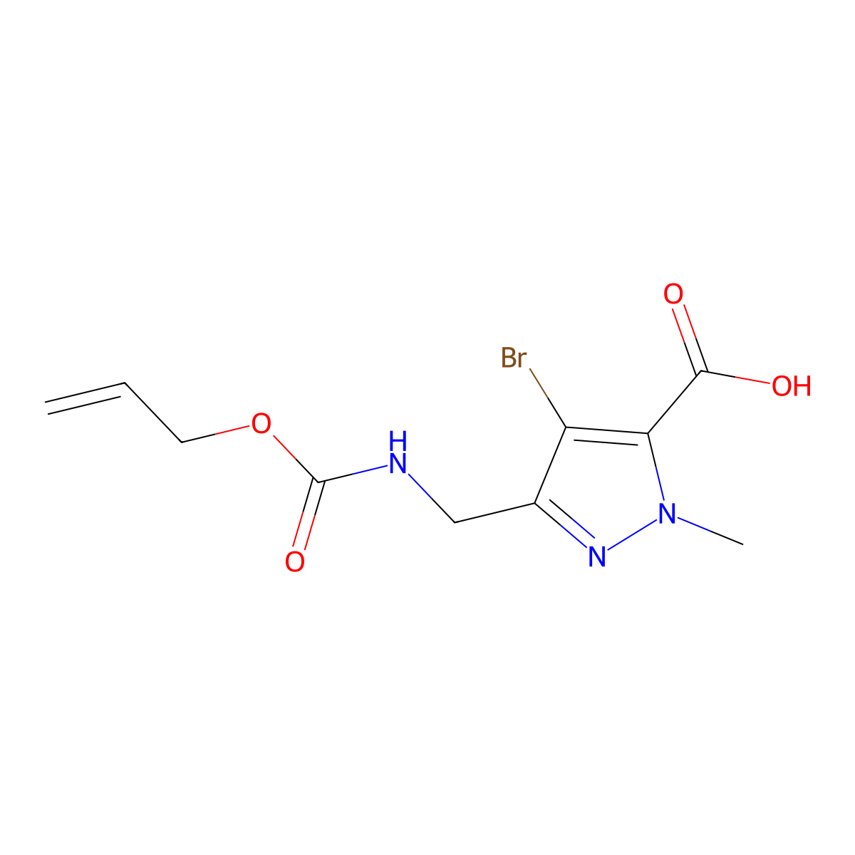 4-bromo-1-methyl-3-({[(prop-2-en-1-yloxy)carbonyl]amino}methyl)-1H-pyrazole-5-carboxylic acid molecular structure, CAS 2680890-45-1