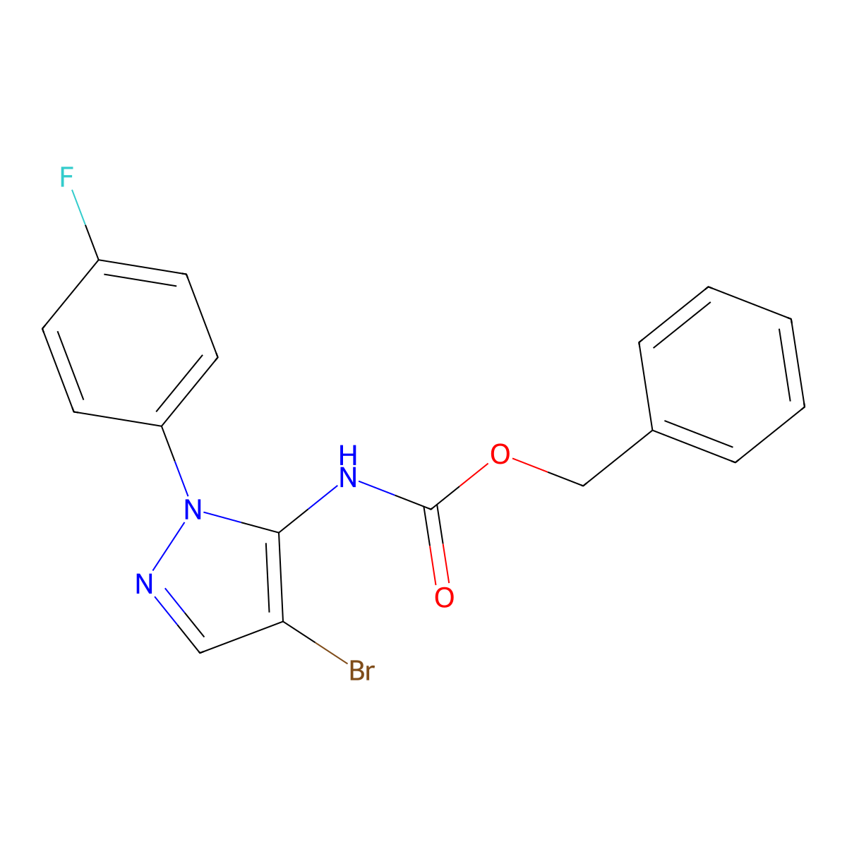 benzyl N-[4-bromo-1-(4-fluorophenyl)-1H-pyrazol-5-yl]carbamate molecular structure, CAS 2680891-15-8