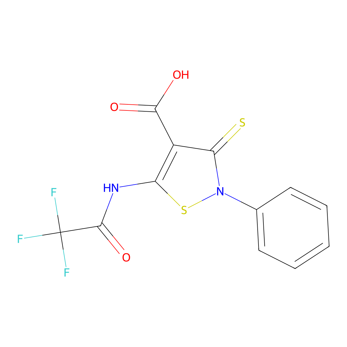 2-Phenyl-3-sulfanylidene-5-(2,2,2-trifluoroacetamido)-2,3-dihydro-1,2-thiazole-4-carboxylic acid molecular structure, CAS 2680891-46-5