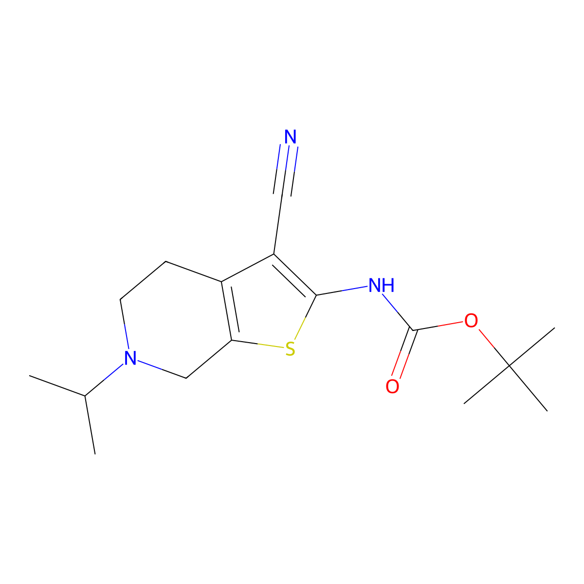 tert-butyl N-[3-cyano-6-(propan-2-yl)-4H,5H,6H,7H-thieno[2,3-c]pyridin-2-yl]carbamate molecular structure, CAS 2680891-70-5