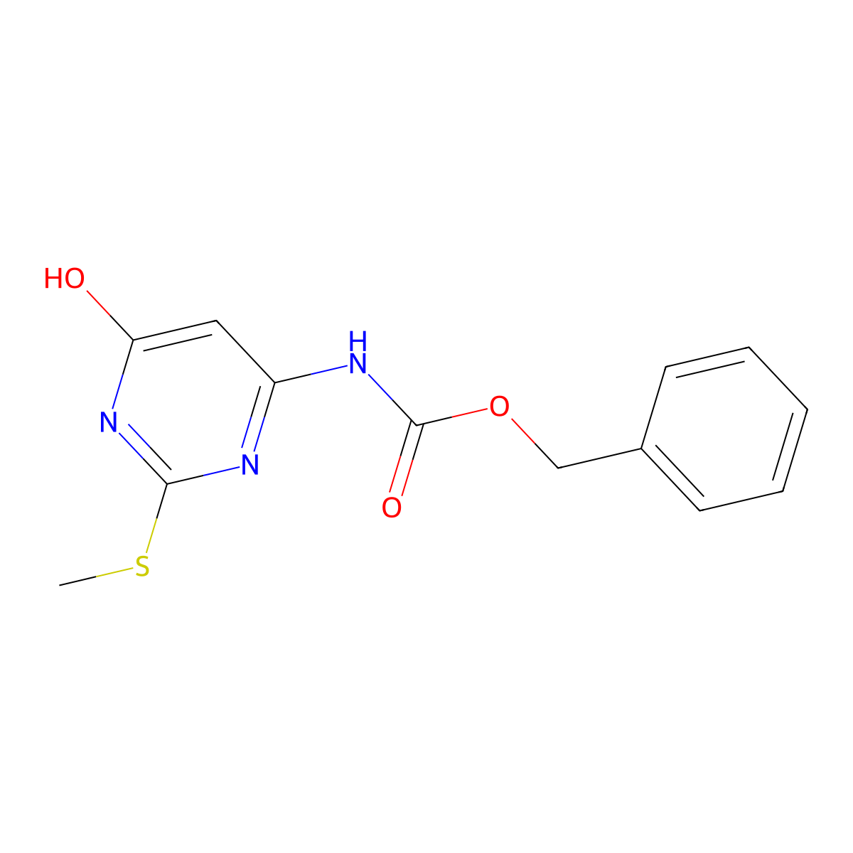 benzyl N-[6-hydroxy-2-(methylsulfanyl)pyrimidin-4-yl]carbamate molecular structure, CAS 2680892-44-6