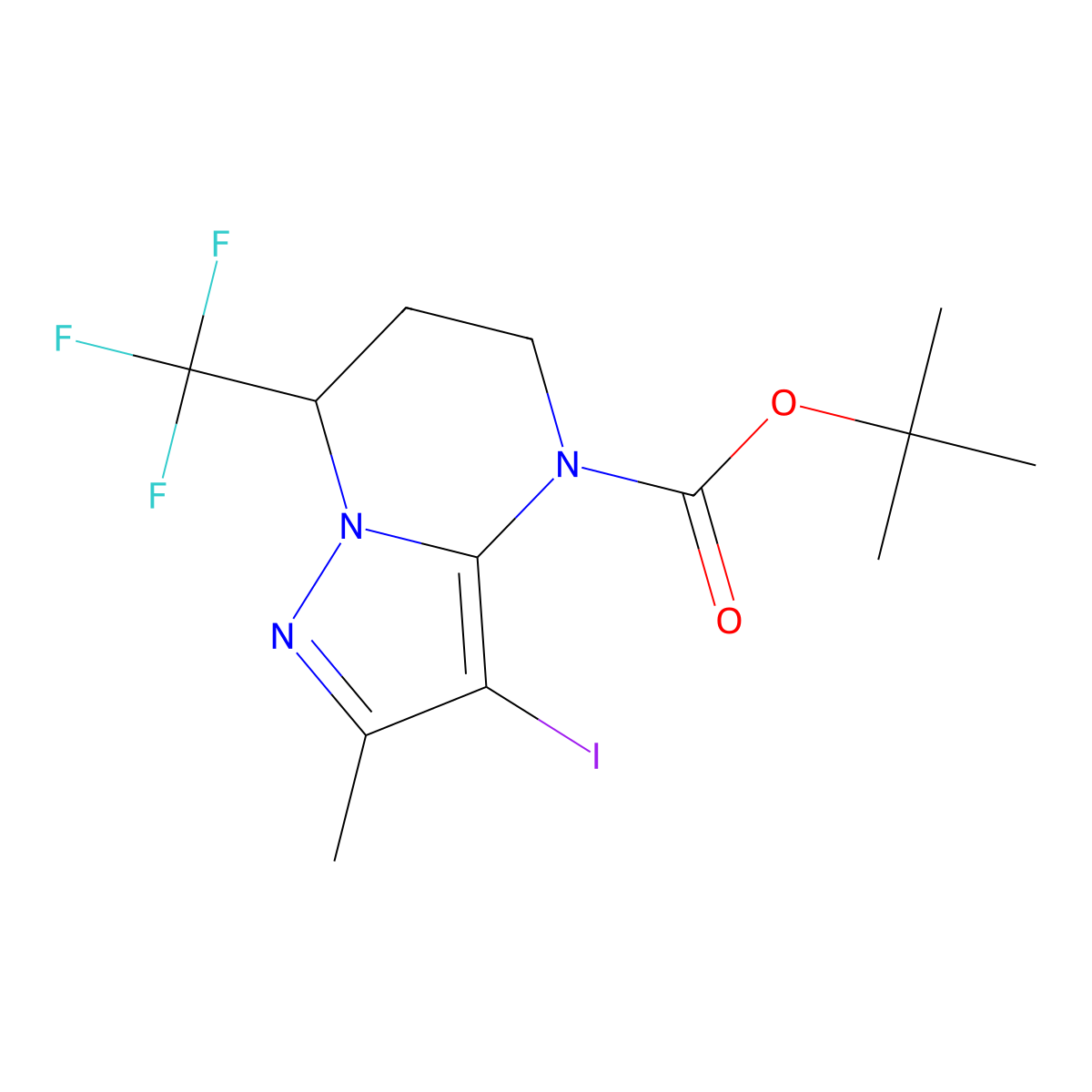 tert-butyl 3-iodo-2-methyl-7-(trifluoromethyl)-4H,5H,6H,7H-pyrazolo[1,5-a]pyrimidine-4-carboxylate molecular structure, CAS 2680893-07-4
