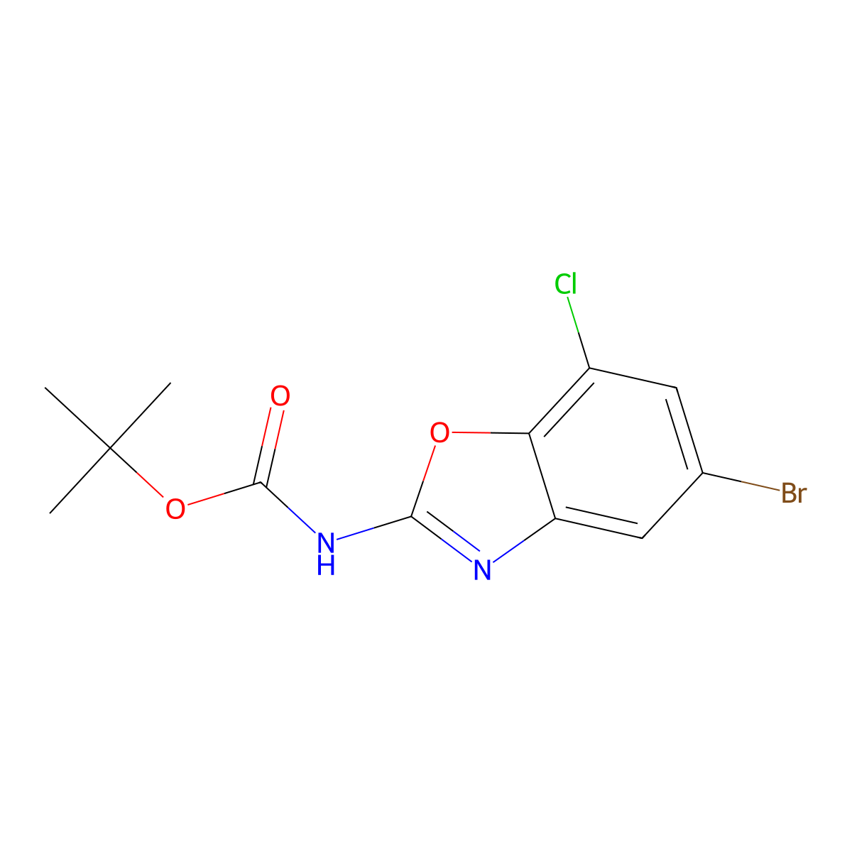 tert-butyl N-(5-bromo-7-chloro-1,3-benzoxazol-2-yl)carbamate molecular structure, CAS 2680893-14-3